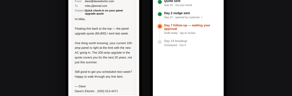 A Day 7 follow-up email waiting for your approval